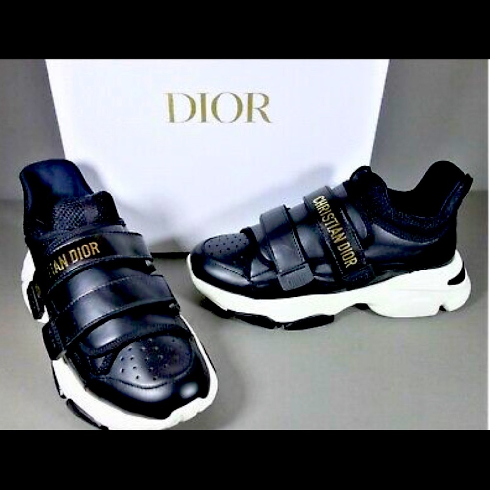 DIOR 38 D-Wander Black Leather Low Top Adjustable Straps Sneakers Flats NEW